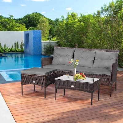 Gymax 3PCS Patio Rattan Sectional Conversation Furniture Set w/ Grey