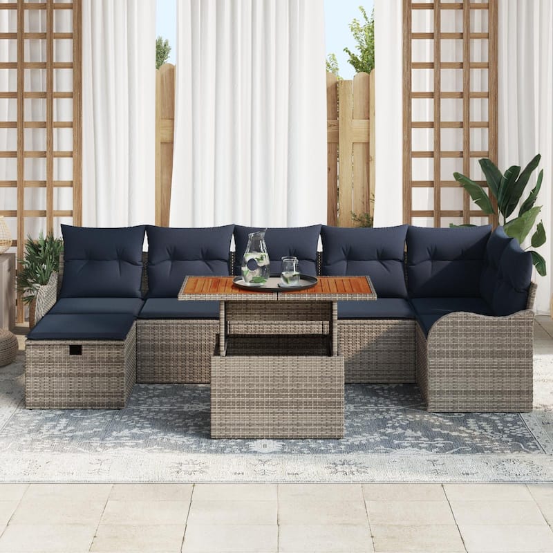 vidaXL 8 Garden Sofa Set with Cushions Black/Grey Poly Rattan - 113.2 x 48.2 x 27.2