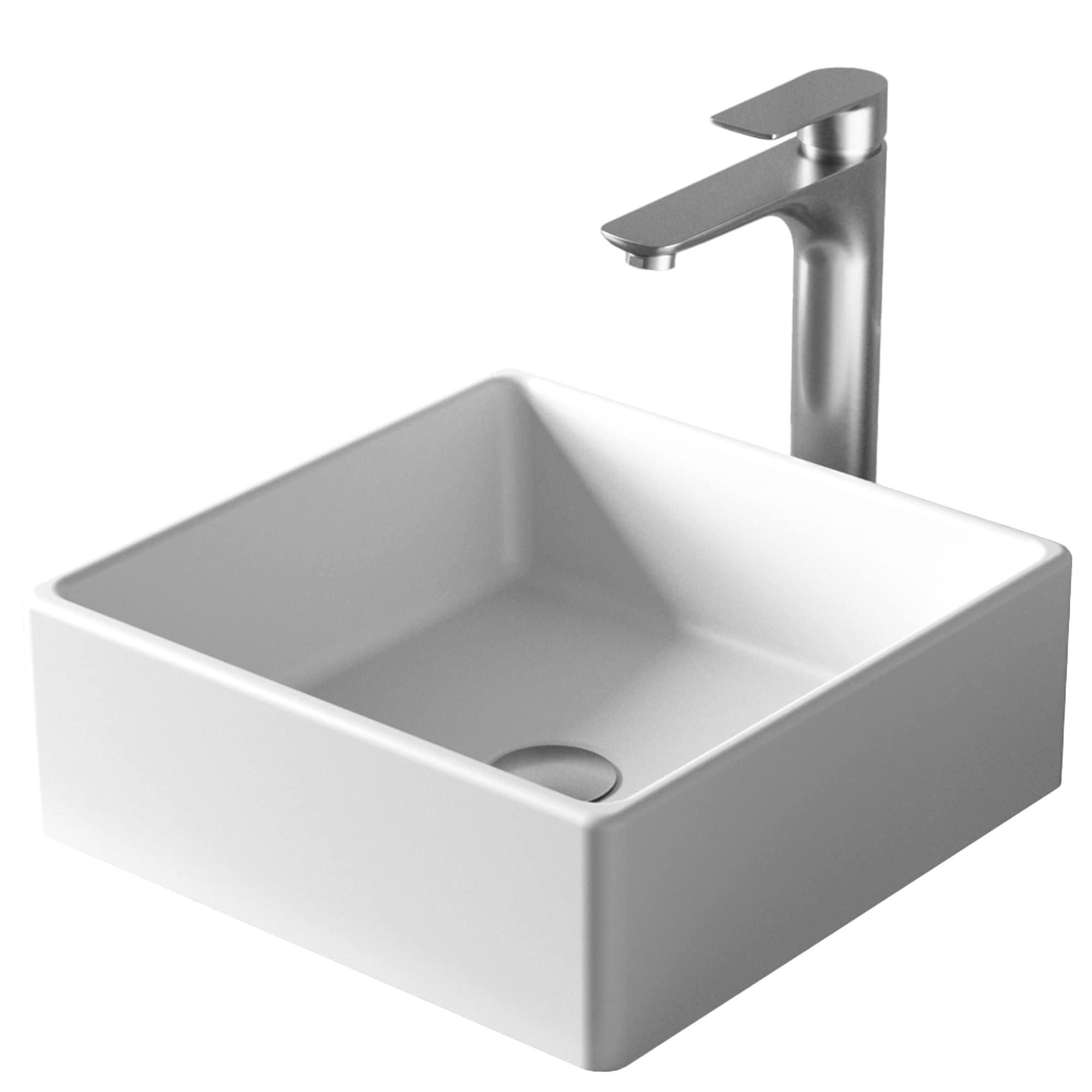 Karran Quattro Matte White Acrylic 15 in. Square Bathroom Vessel Sink with Faucet and drain in Stainless Steel