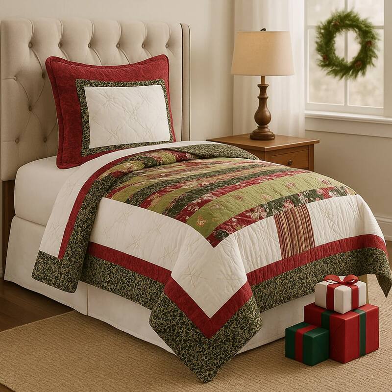 Kini 2pc Twin Quilt Set, Patchwork Christmas Theme, Cotton, Microfiber