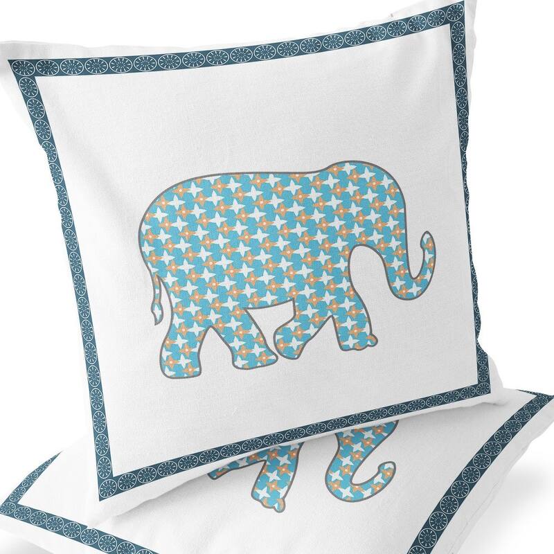 HomeRoots Set of Two 16" X 16" Blue and White Elephant Blown Seam Animal Print Indoor Outdoor Throw Pillow