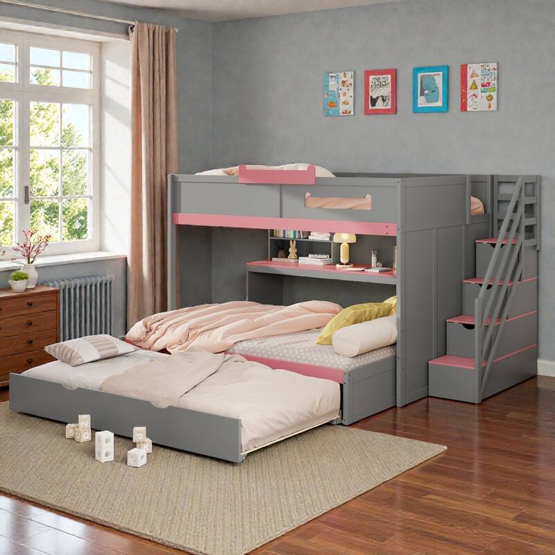 Full Over Full Bunk Bed with Twin Trundle, Staircase Storage Drawers, Shelves and LED Lighting, Kids Bunk Bed