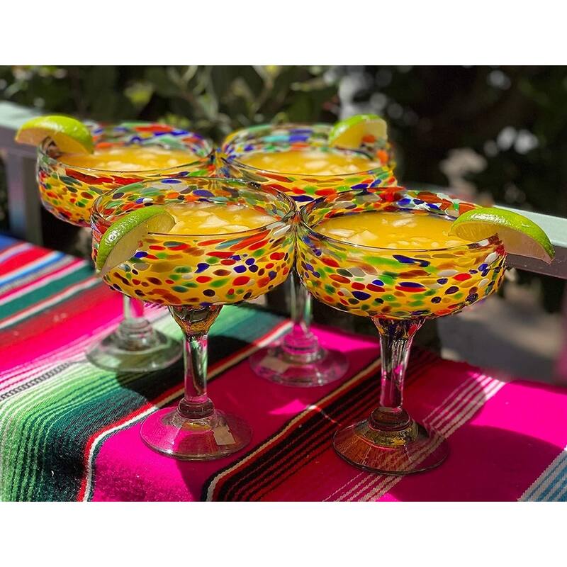 Dos Sueños Mexican Hand Blown Glass - Set of 4 Hand Blown Margarita Glasses Confetti Rock (16 oz)