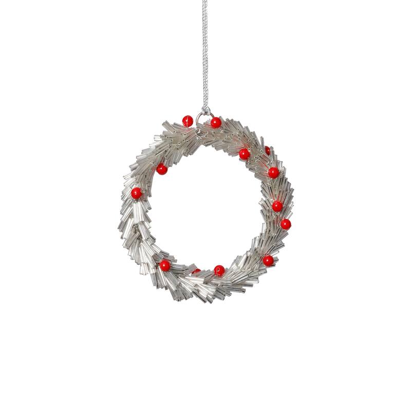 Festive Beaded Christmas Round Hanging Ornaments with Red Berries, Set of 12, 4" - Silver