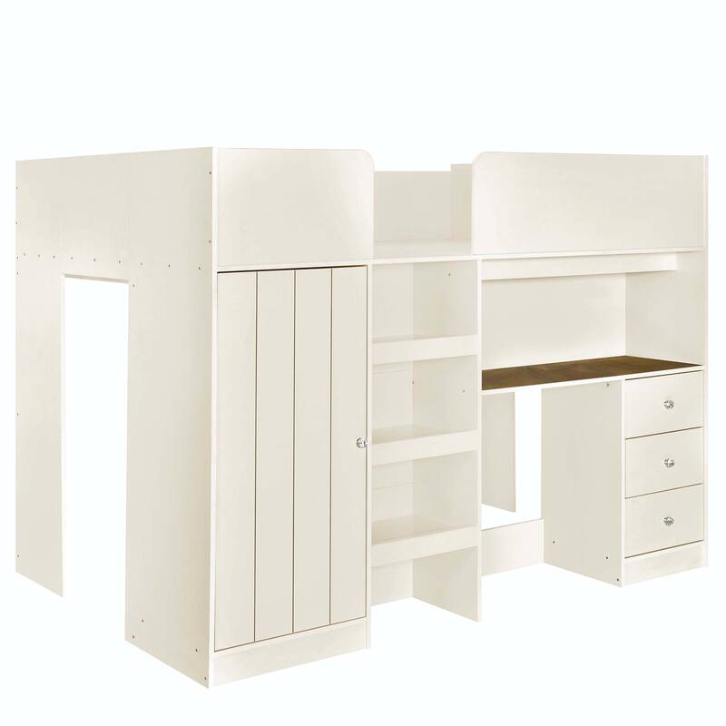 Wood Full Size Loft Bed with Built-in Wardrobe, Desk, Storage Shelves and Drawers