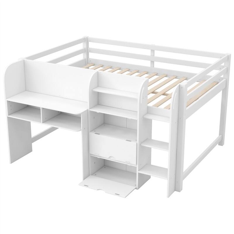 Full Size Low Loft Bed with Bulit-in Desk, Open Bookcase and Storage Cabinets, Wooden Kids Loft Bedframe w/ Graffiti Whiteboard