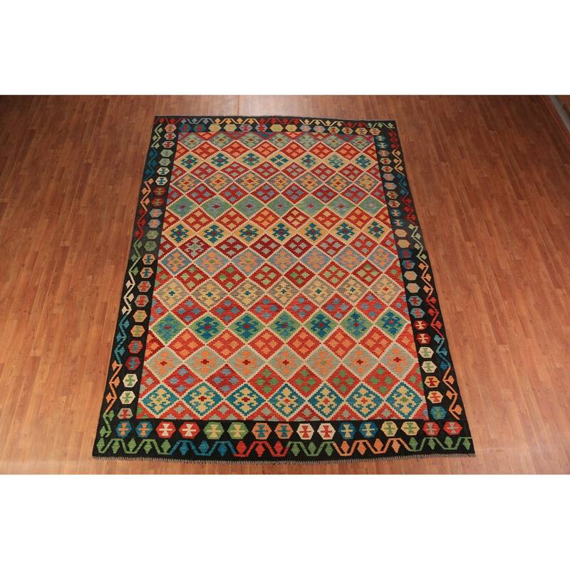 Geometric Trellis Kilim Reversible Area Rug Hand-Woven Wool Carpet - 8'4"x 11'4"