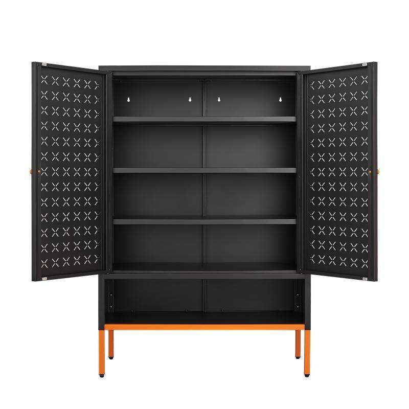 Grid Double Door Shoe Cabinet with Adjustable Shelves and Moisture-Proof Base