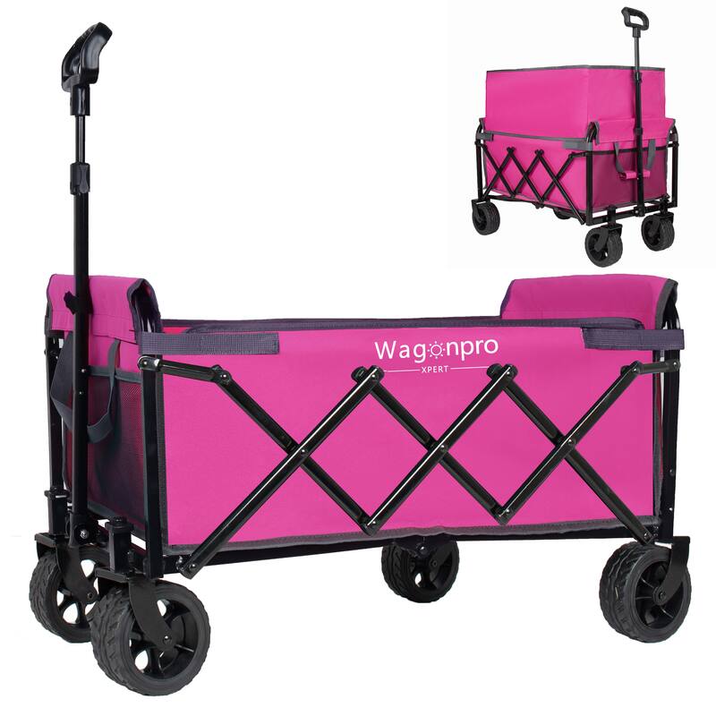 Upgraded 5*2"Wide Wheels-Expandable Dual-Layer Utility Wagon with 100% Extra Space, 220lbs Capacity Grocery Cart for Camping - Pink