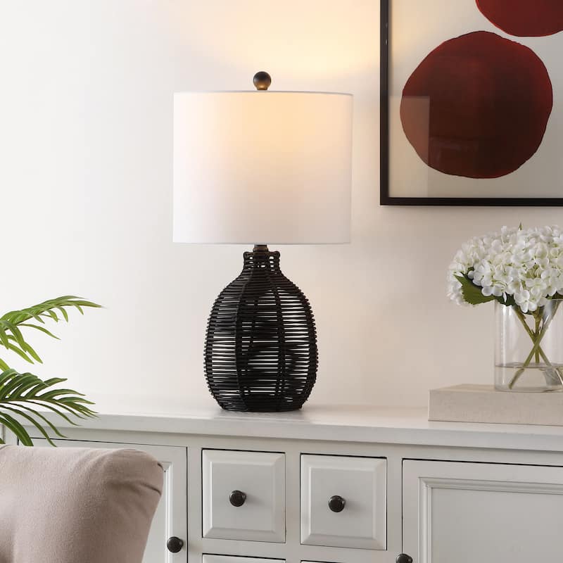 SAFAVIEH Lighting Oroya Tropical Coastal Boho Rattan 23-inch Table Lamp - 12 in. W x 12 in. D x 23 in. H - Black