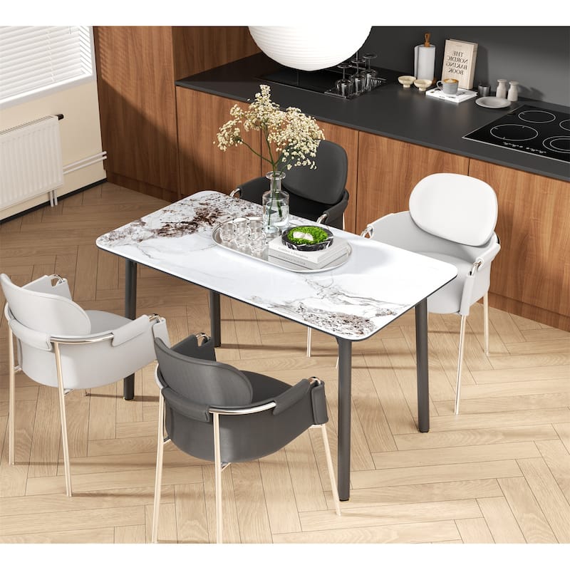 Large Kitchen Dining Table Sintered Stone Marble Tabletop and Tempered Glass Top Indoor Outdoor