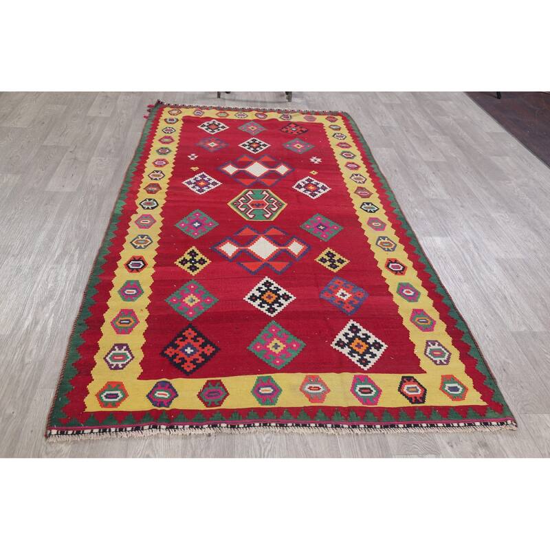 Hand Woven Oriental 100% Wool Carpet Southwestern Geometric Red Kilim Runner Rug - 8' 7'' X 4' 5''