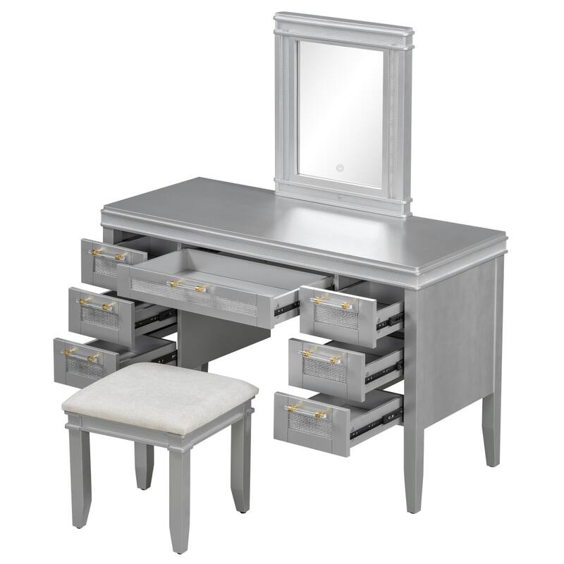 48" Dresser with Mirror, LED Light Strips, 7 Drawers and Stool