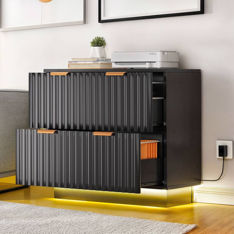 Moasis 2 Drawers File Cabinet LED Lighting Lateral Filing Cabinet for Home Office