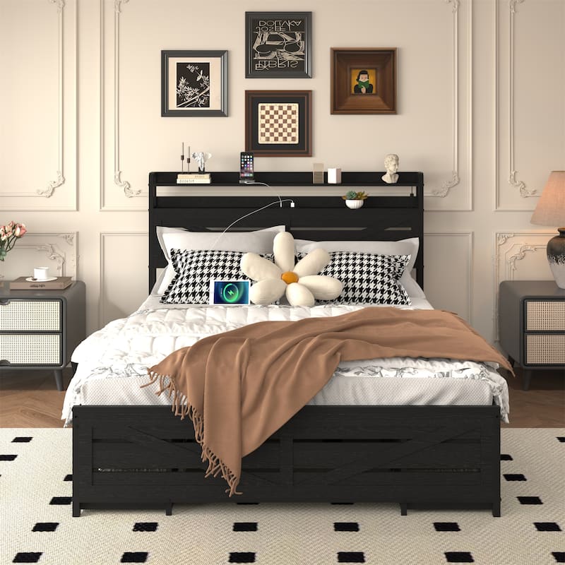 Queen Bed Frame with Storage Headboard & 12 Drawers - Black