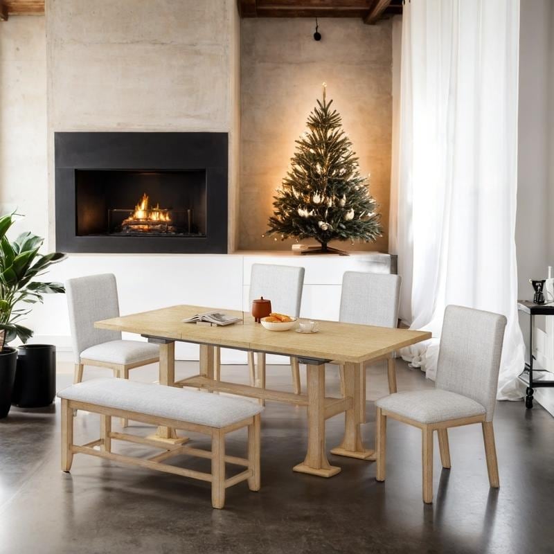 7-Piece Extendable Dining Table Set Trestle Kitchen Table Set with 18inch Removable Leaf and Upholstered Dining Chair and Bench