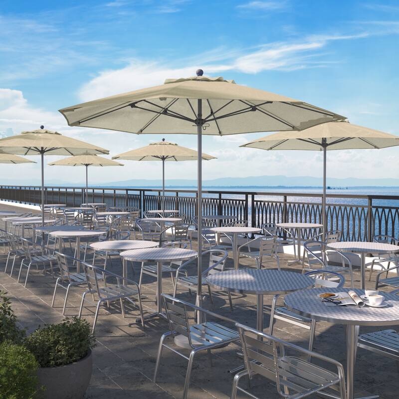 California Umbrella 9' Rd. Aluminum Frame, Fiberglass Rib Patio Umbrella, Push Open,Anodized Silver Finish, Sunbrella Fabric