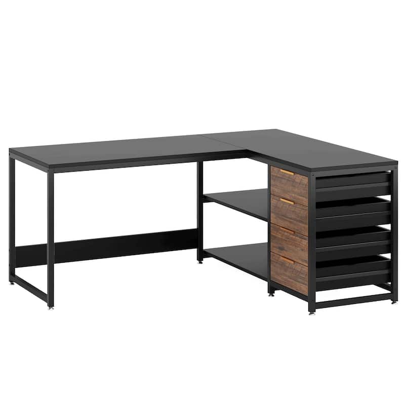 59"L-Shaped Computer Desk with Drawers and Shelves, Reversible Corner Office Desk Workstation, Writing Table with File Cabinets