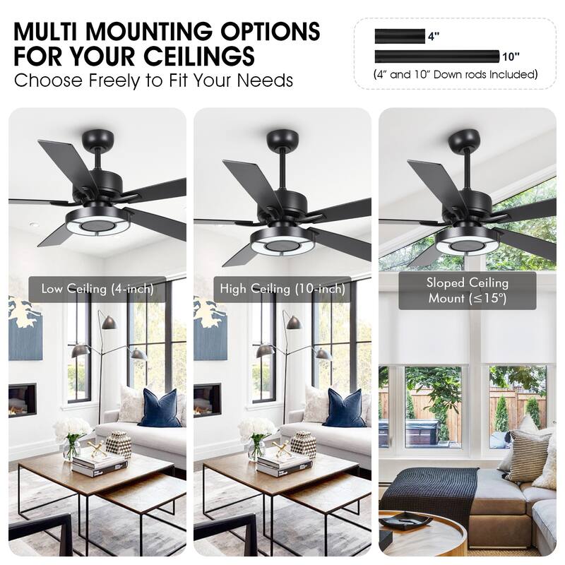 52" Black Wooden 5-Blade Dimmable Modern Ceiling Fan with Light and Remote