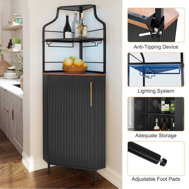 59.05" Tall Corner Bar Storage Cabinet with Wine Rack & Lights