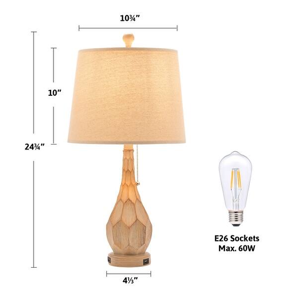 Bedroom Table Lamp Set w/ USB Port Beige Shade & Wooden Laminate Base