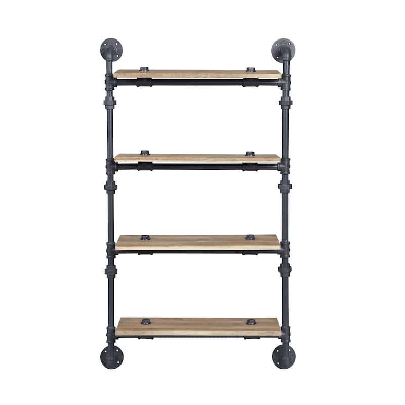 Floating Wood Wall Shelf with Metal Tube in Oak and Sandy Black