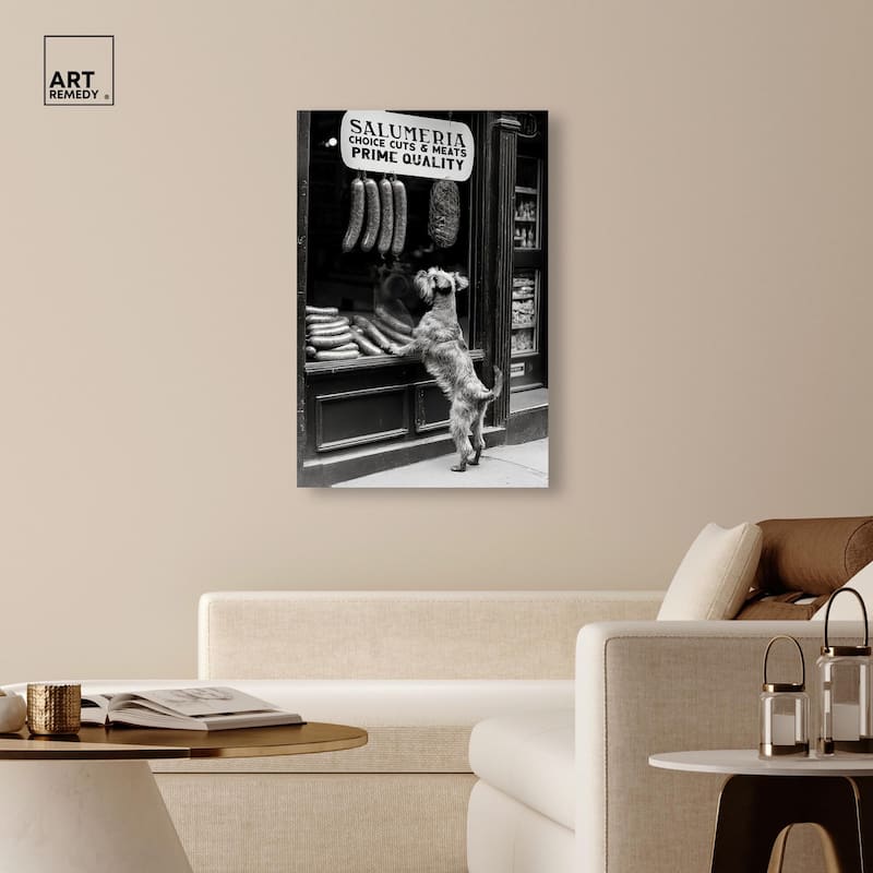 Window Shopping Pup Canvas by Art Remedy, Gallery Wrapped