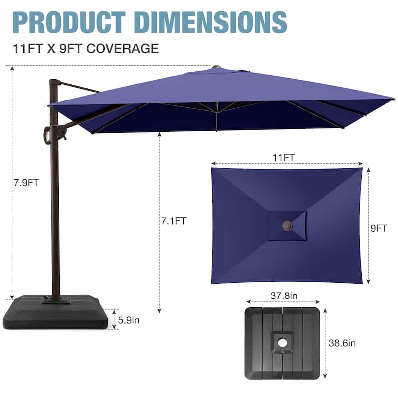 Outdoor 9 x 11 Ft Cantilever Patio Umbrella 360 Degree Rotation with Weight Base