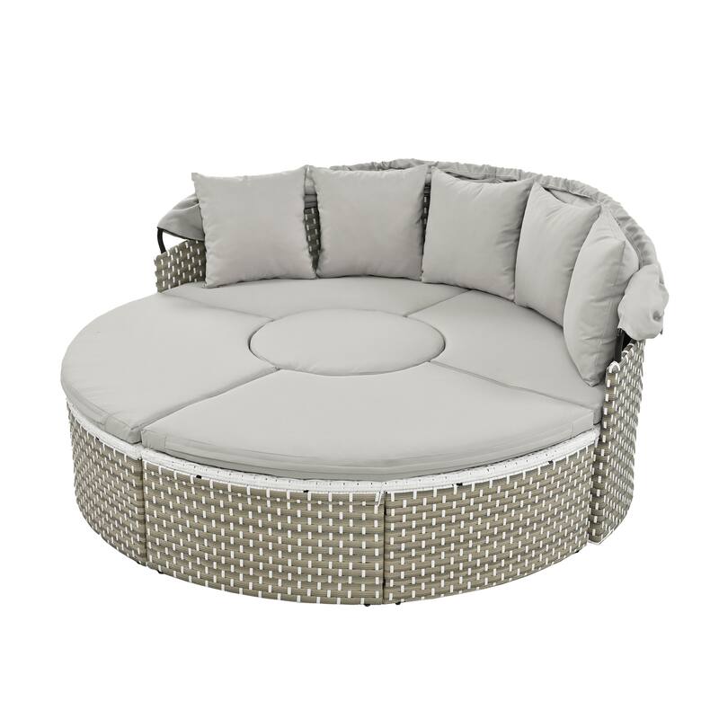 Round Recliner Sofa Rattan Daybed Outdoor Sectional Sofa Sunbed with Retractable Canopy