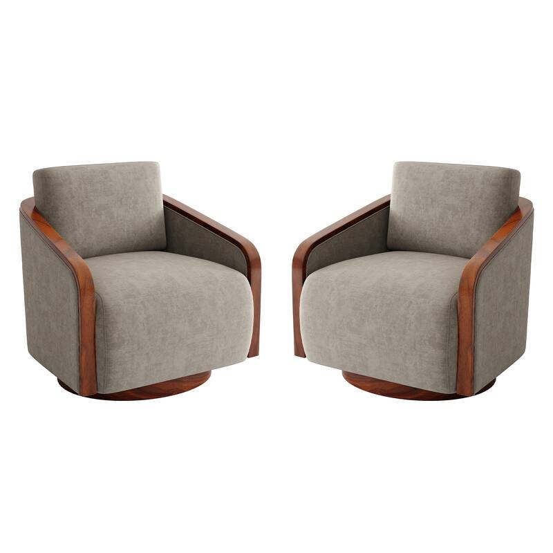 Set of 2 Modern 360° Swivel Accent Barrel Chairs with Wood Arms