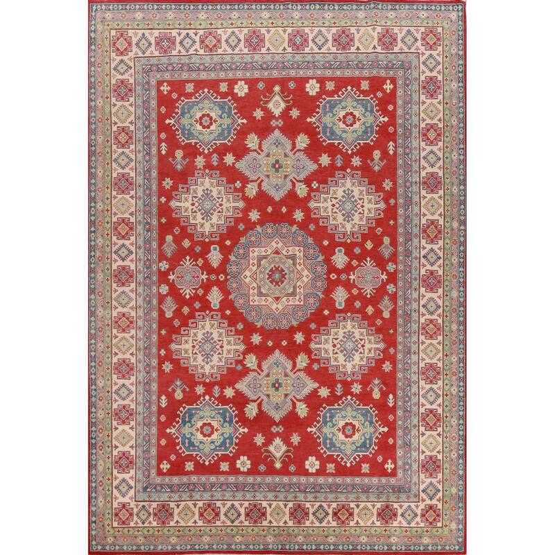 Hand Knotted Oriental 100% Wool Carpet Traditional Geometric Red Kazak Area Rug - 12' 9'' X 9' 11''