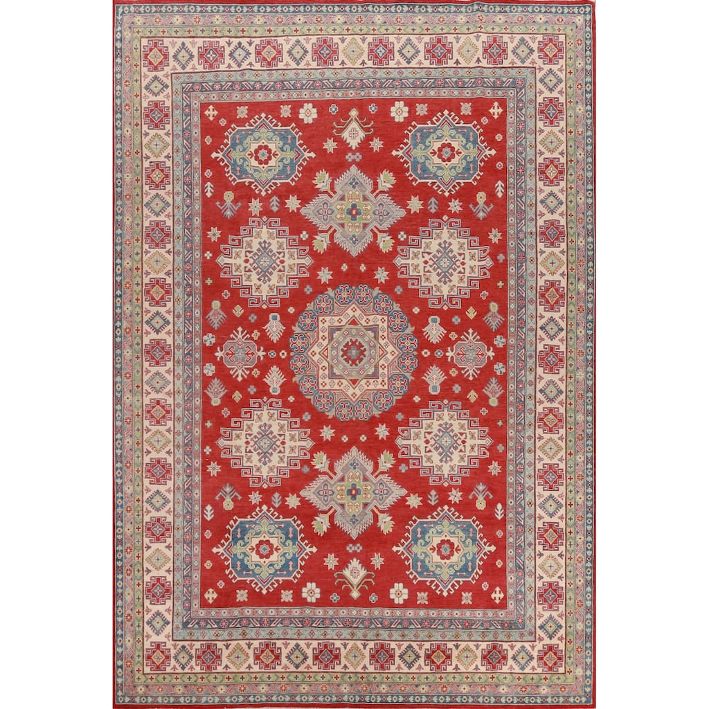 Hand Knotted Oriental 100% Wool Carpet Traditional Geometric Red Kazak Area Rug - 12' 9'' X 9' 11''