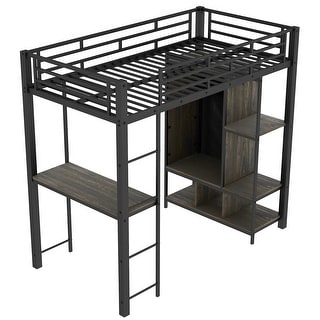 Practical Twin Size Metal Loft Bed,Wardrobe With Built-In Curtains,Full-Length Guardrail