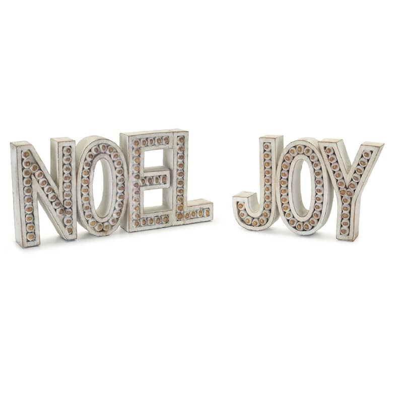 set of 2 white and brown noel and joy word block in resin 7"