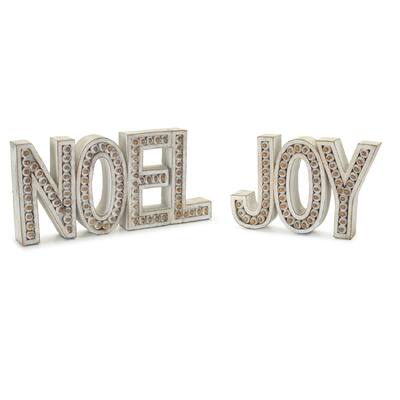 set of 2 white and brown noel and joy word block in resin 7"