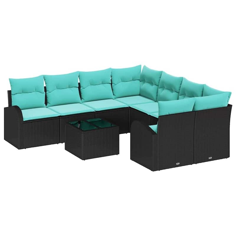 vidaXL 9 Garden Sofa Set with Cushions Black/Brown/Grey Poly Rattan - 92.1 x 92.1 x 27.2