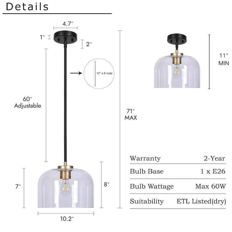 Modern Black Gold Pendant Clear Glass Kitchen Island Light Bowl-Shape Shade for Dining Room