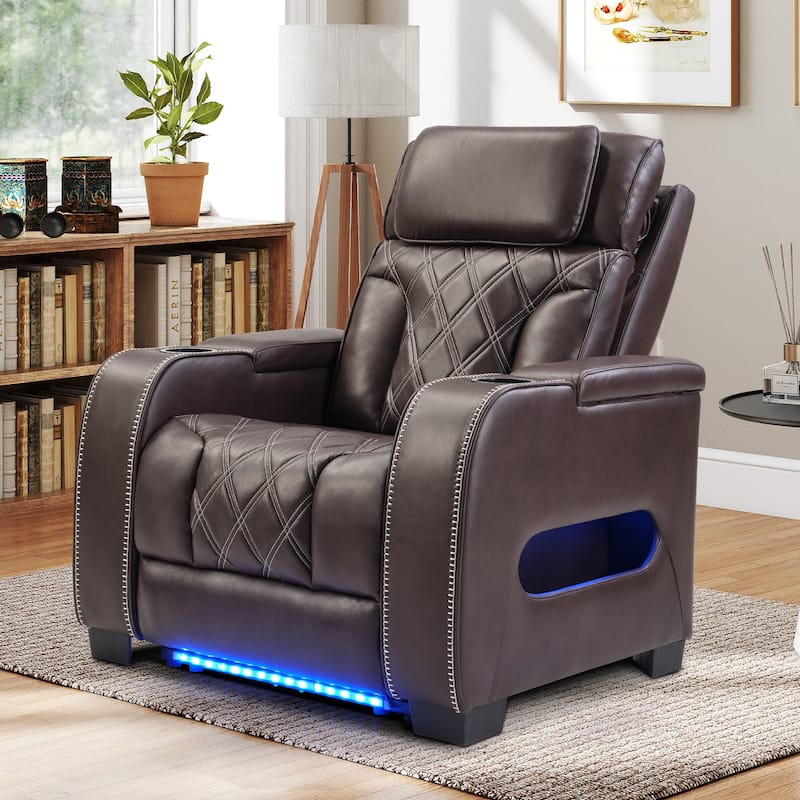Power Recliner Chair with Adjustable Headrest, Breathable PU Leather Home Theater Seating with Ambient Lighting,Cup Holders - Brown