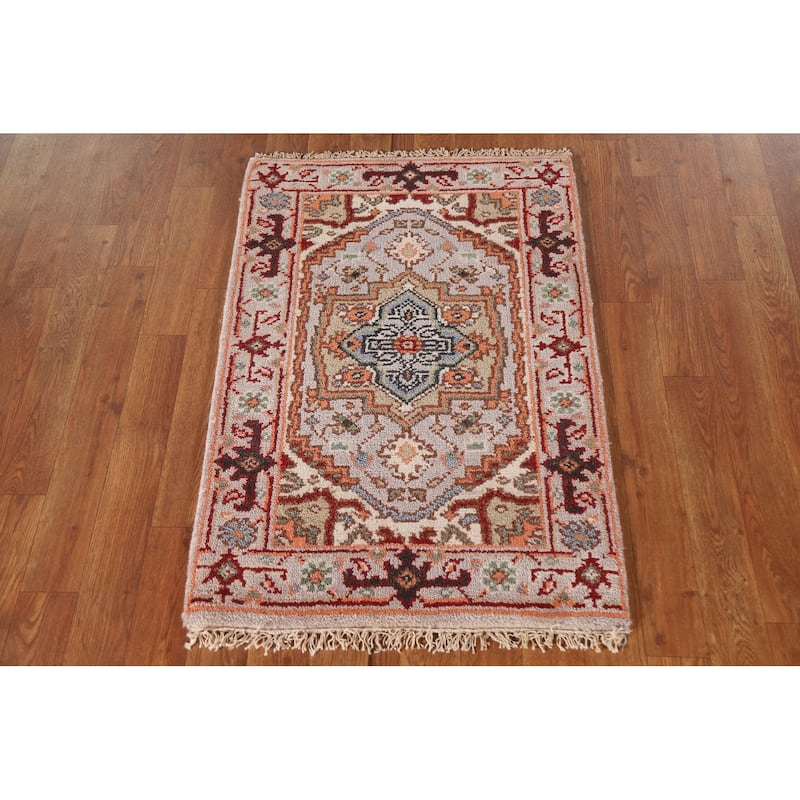 Geometric Heriz Serapi Indian Rug Hand-Knotted Grey Wool Carpet - 2'0"x 3'0"