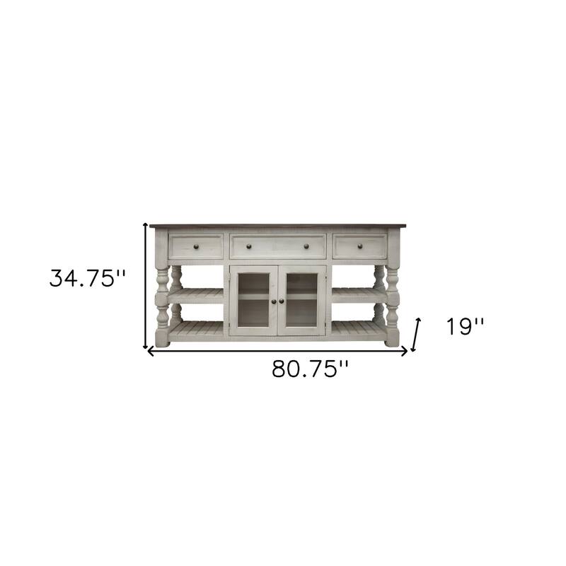 HomeRoots 81" Ivory Solid Wood Open shelving Distressed TV Stand - 80.75' X '34.75' X '19