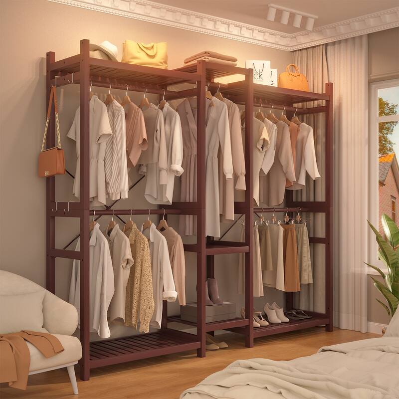 Bamboo Closet System Clothes Rack, Large Freestanding Garment Rack Clothing Rack for Hanging Clothes