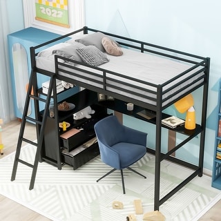 Stylish Loftbeds with Two Built-in Drawers, Space-Saving, Twin Size Metal Loft Bed with Shelves and Desk, Wooden Loft Bed Frame