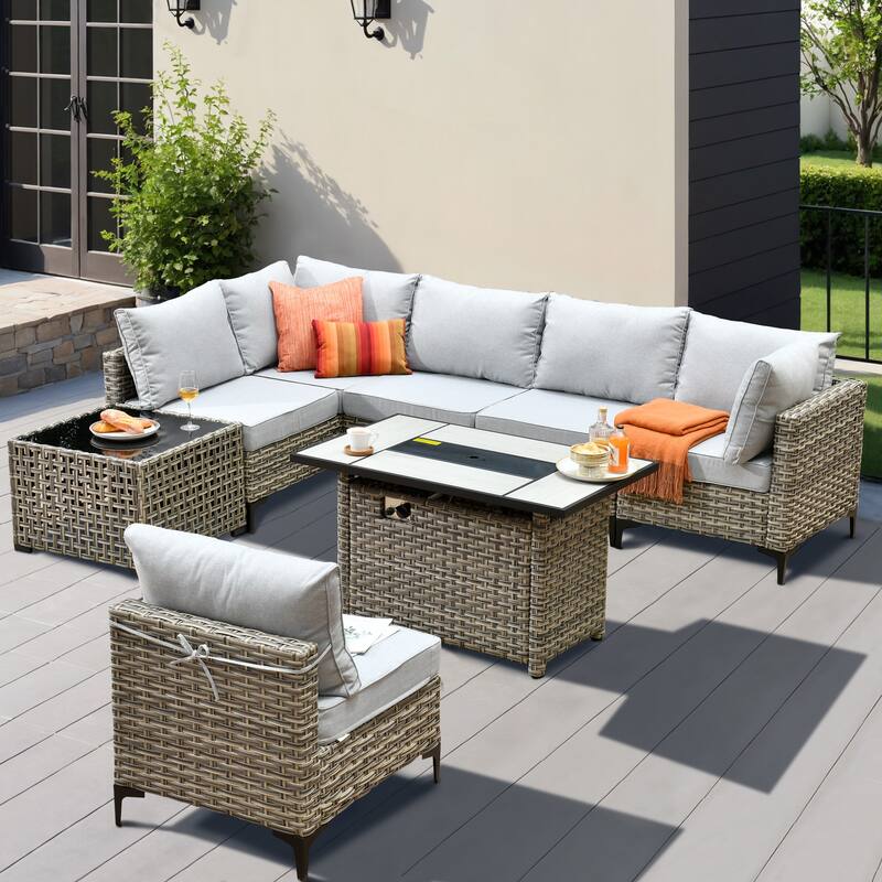 XIZZI 8-Piece Outdoor Wicker Furniture Sectional Set with Firepit - Grey