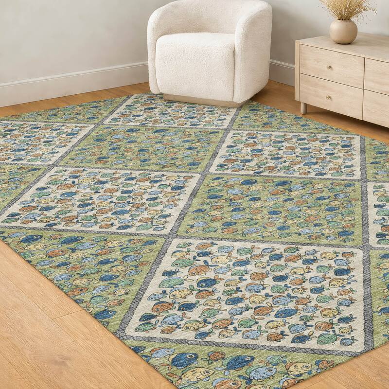 Machine Washable Indoor/ Outdoor Diamond Fish Chantille Rug
