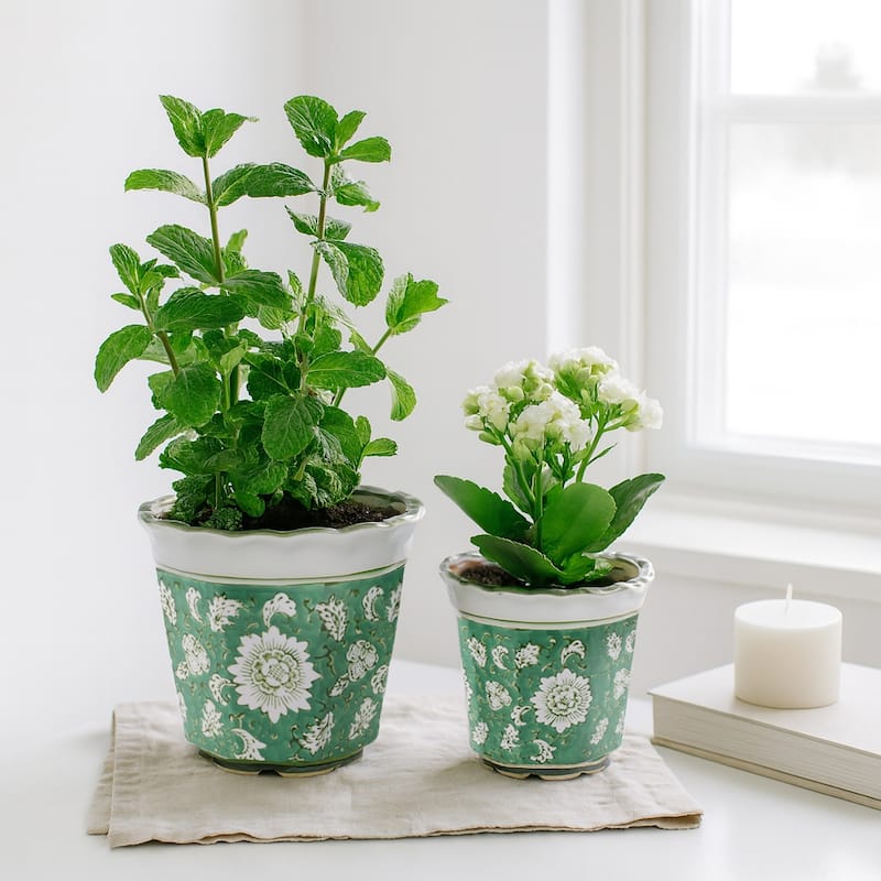 Ceramic Planters With Floral Embossing - Set of 2, Green