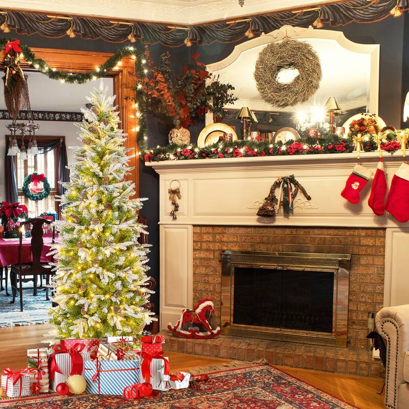 Gymax 6/7.5/9 FT Pre-Lit Artificial Christmas Tree Snow Flocked Hinged