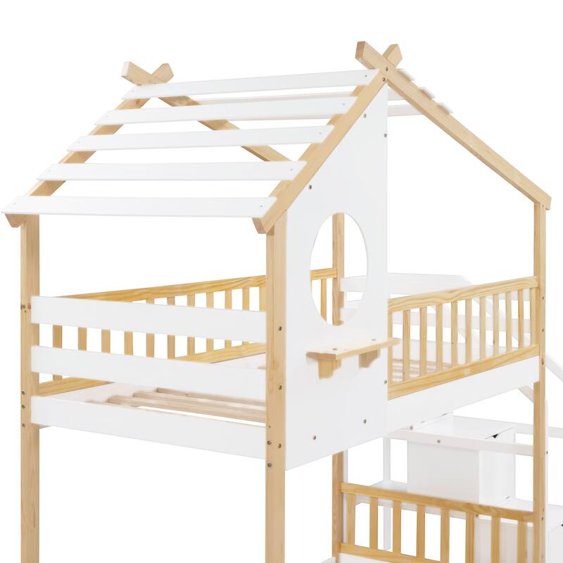 Stairway Twin-Over-Twin Bunk Bed,House Bed,Storage and Guard Rail,Natural Bed +White Stair