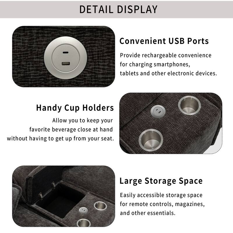 111" Chenille Upholstered Sectional Sofa with 2 Ottomans, USB Ports, Cup Holders and Storage Box for Living Room
