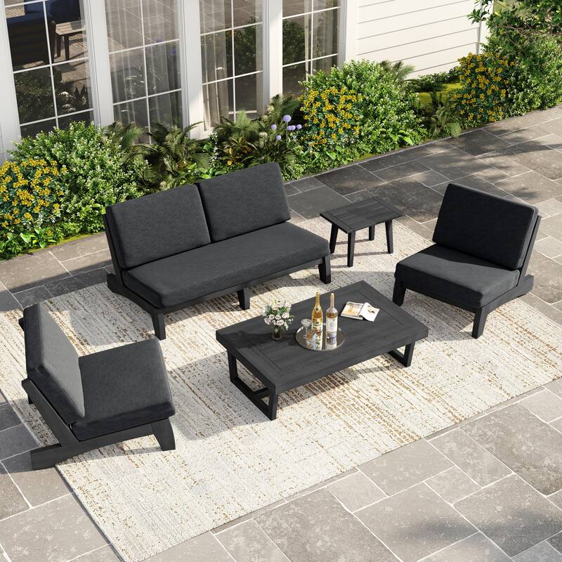 Casual Teak Wood 5-Piece Outdoor Patio Conversation Set - Dark Wood - Dark Grey