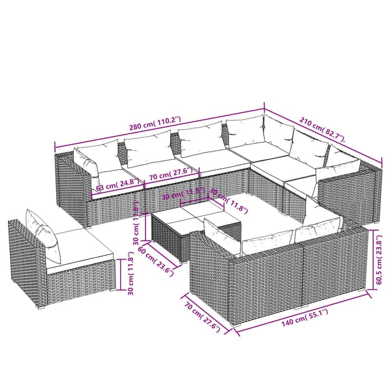 vidaXL Patio Lounge Set Outdoor Sectional Sofa Set Table Garden Poly Rattan - 27.6" x 27.6" x 23.8"
